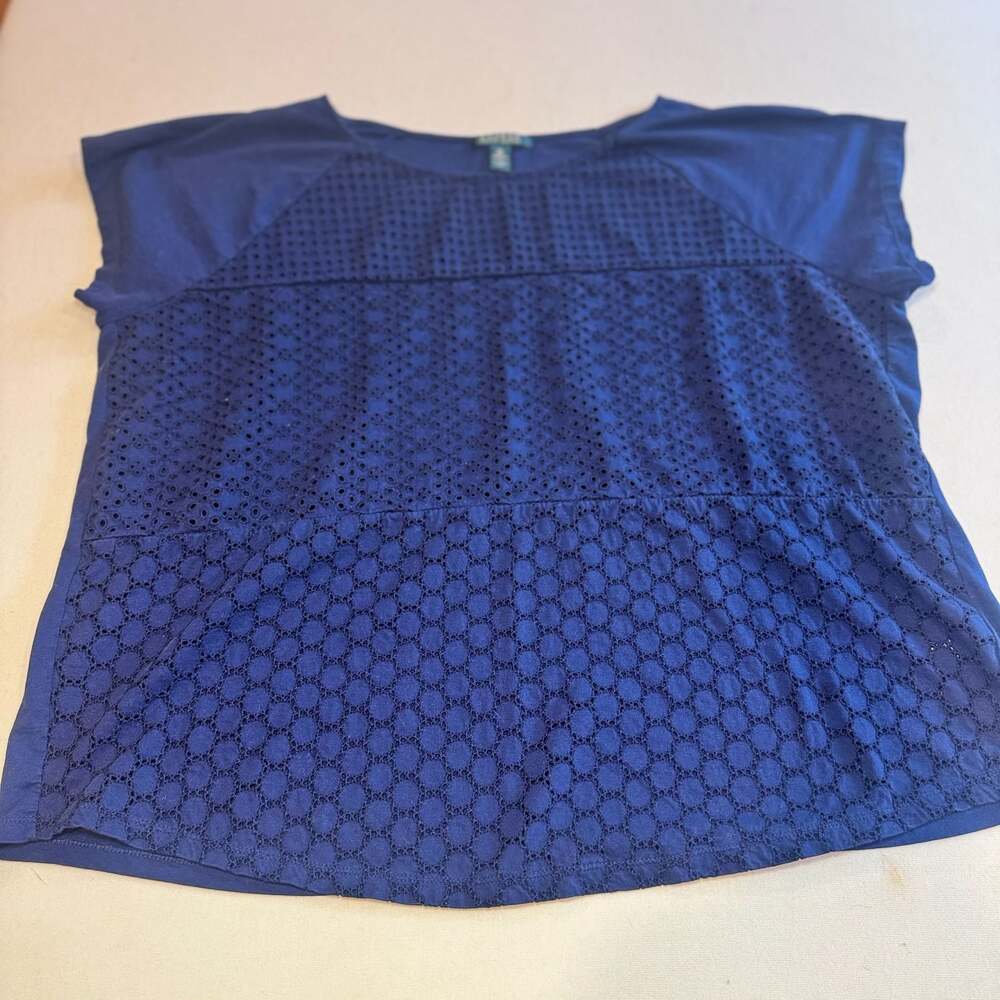 Lauren Ralph Lauren Navy Blue Eyelet & Knit Short Sleeve Pullover Blouse